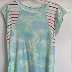 Reb. in J. Small Mint Green Tie Dye Rainbow Stripe Eyelet Sleeve Top Shirt